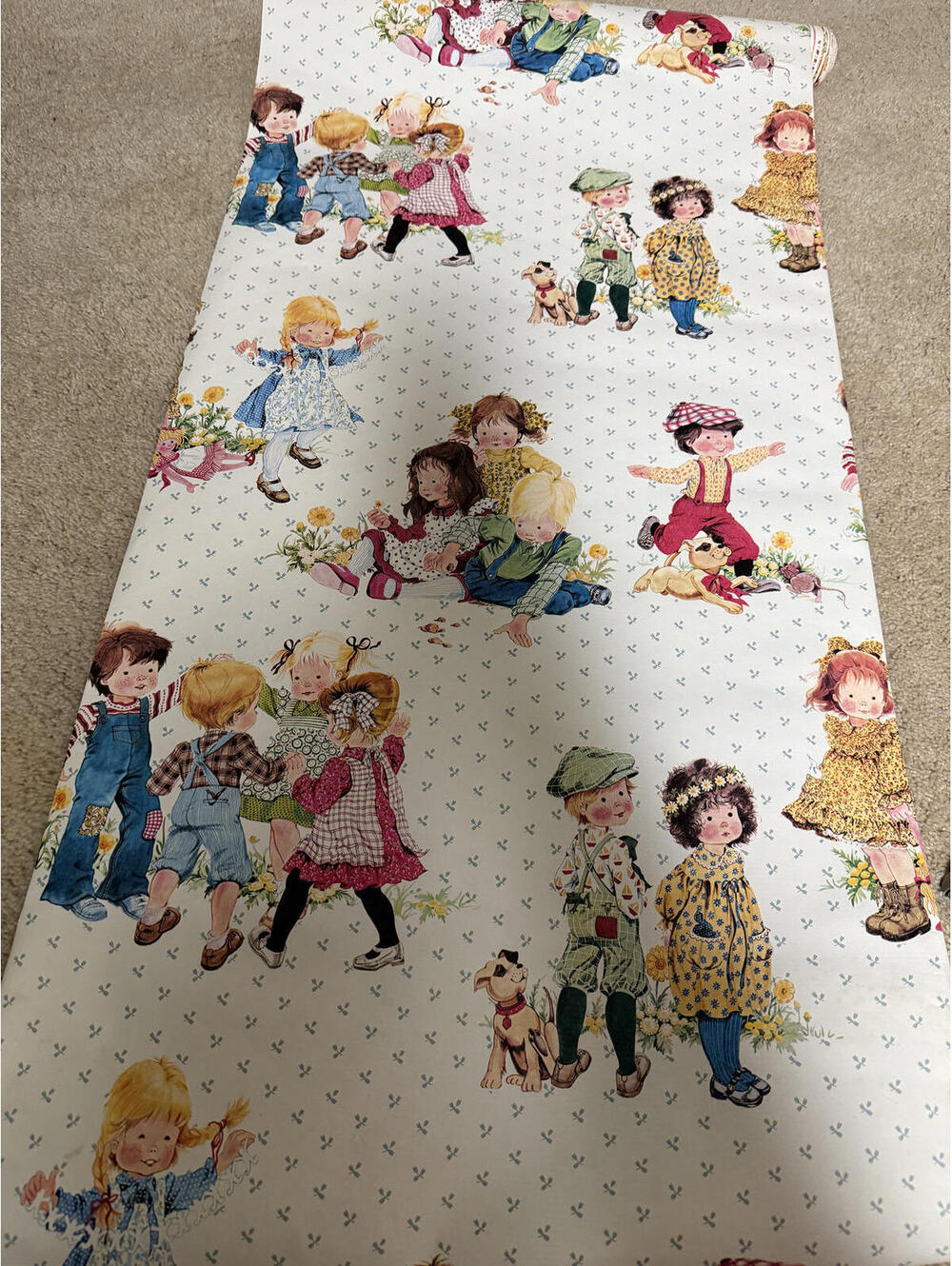 Vintage Children's wallpaper Roll with Playful Kids and Pets Design